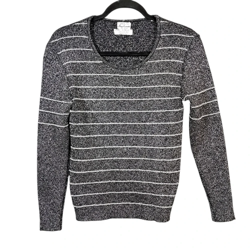 Vtg 50s Macys Associates Wool Pullover Sweater Metallic‎ Italy Large Black